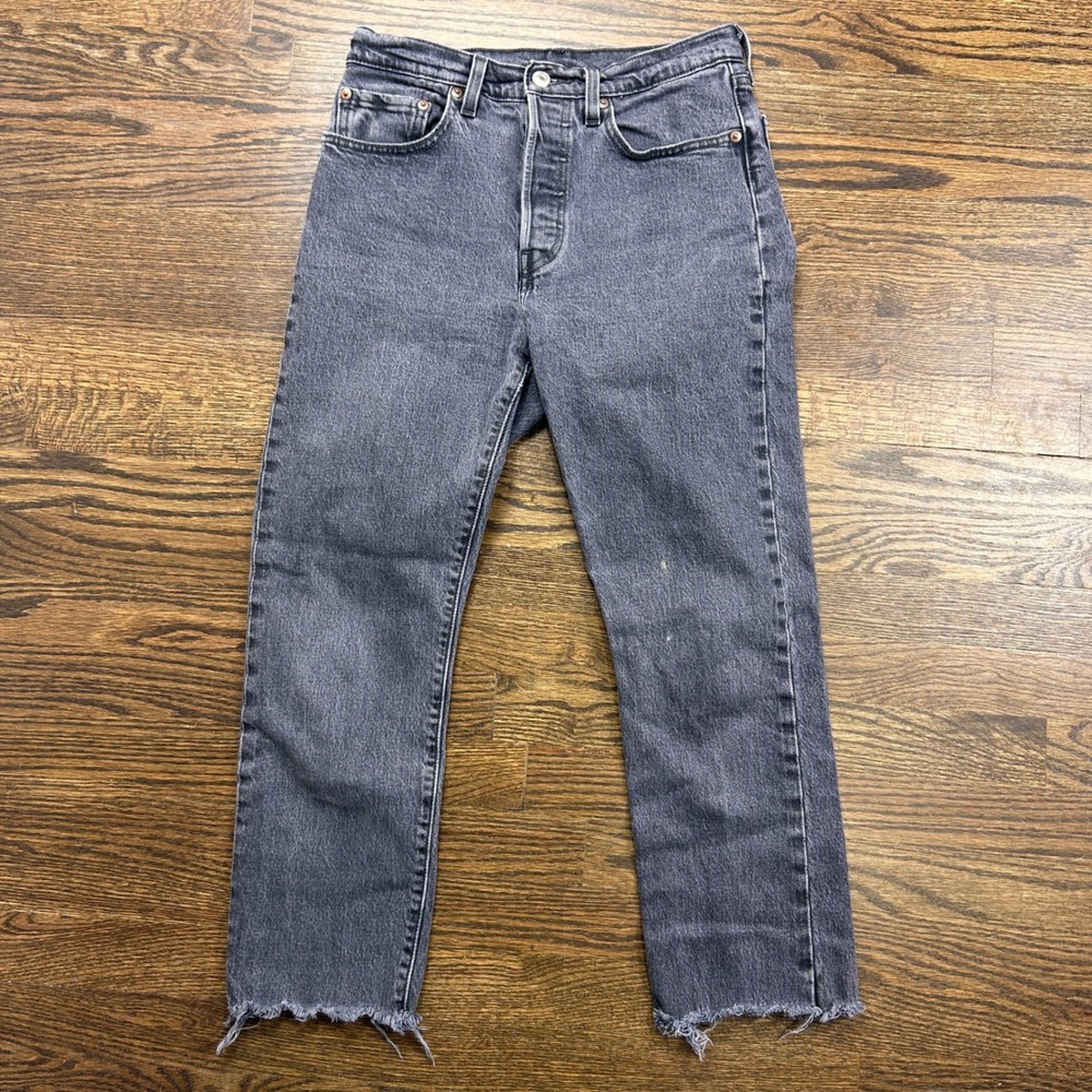 Levis 501 Original Button Fly High Rise Straight Jeans 26x26 Faded Black Raw Hem
